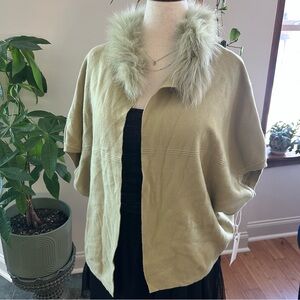 Y2K Green Cardigan with Faux Fur Collar